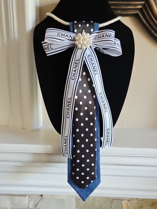 Hand Crafted Jewelry - Hand Crafted Black and White Polka Dot Necktie on a Denim Handmade Tie Necklace